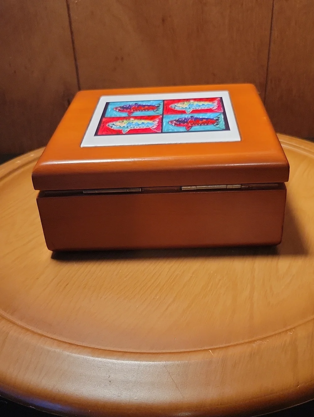 Wooden  Fish Trinket Jewelry Box with Colorful Tile Art